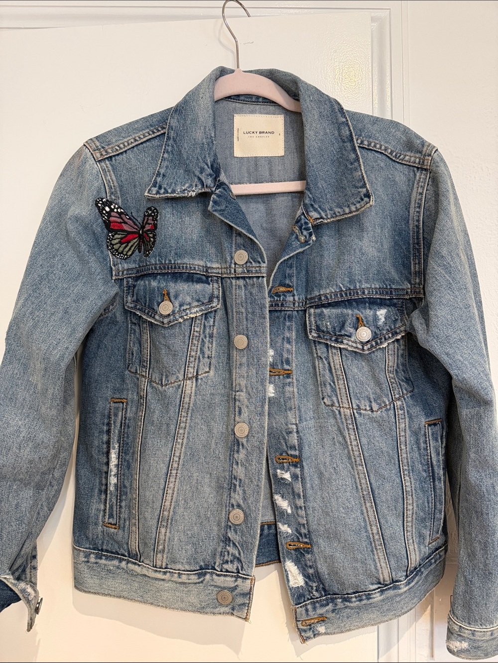 Lucky Brand Light Blue Denim Jacket with Embroidered Butterfly
